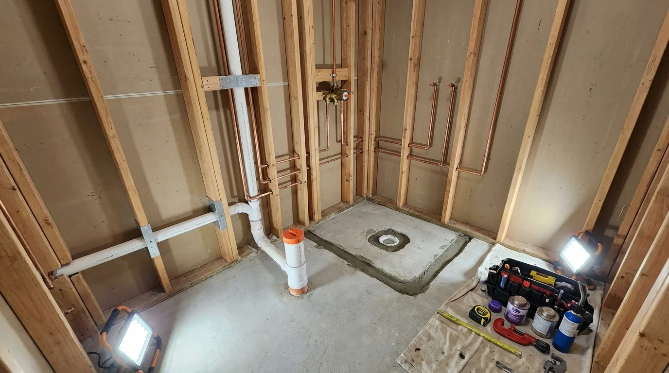 Bathroom rough-in plumbing during remodel by Johns Plumbing LLC in Santo Domingo Pueblo