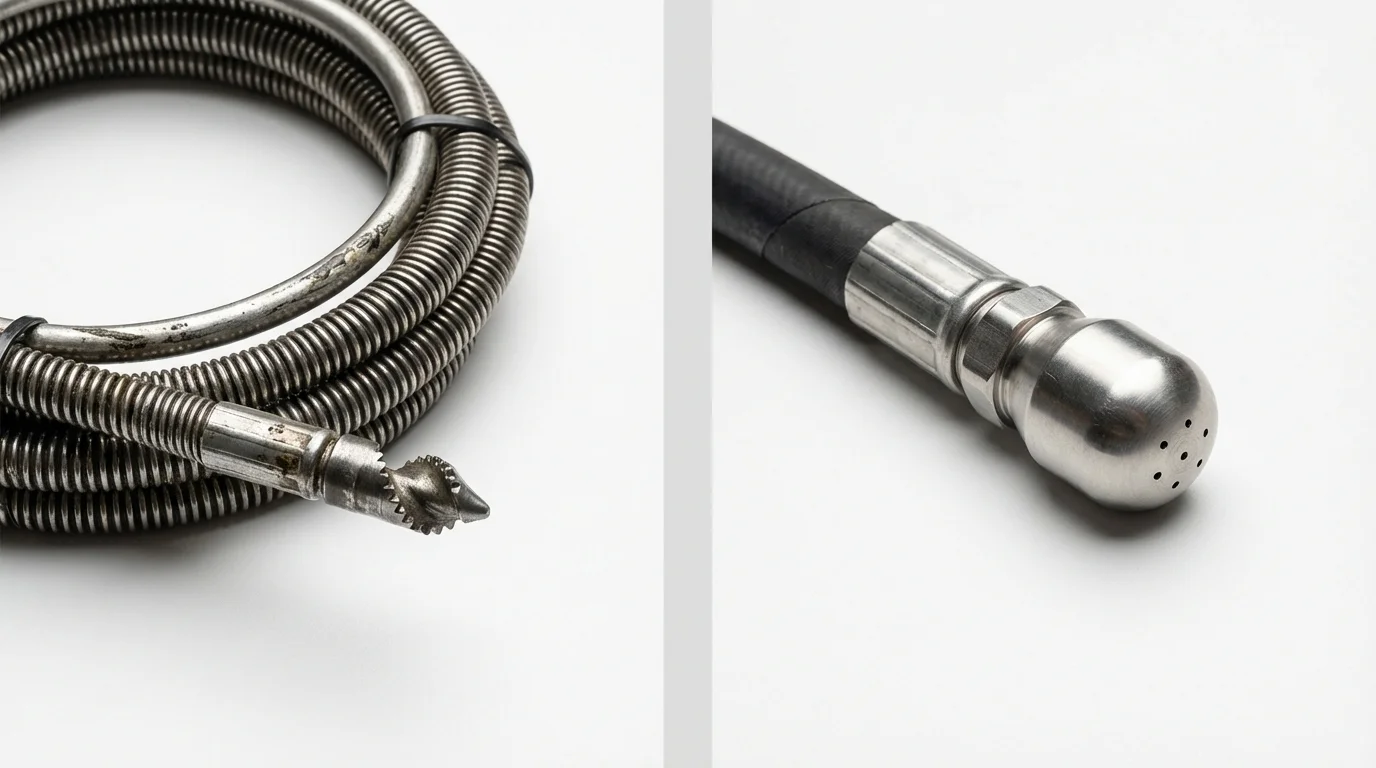 Drain snake cable and hydro jetting nozzle used for drain cleaning in Santo Domingo Pueblo, NM