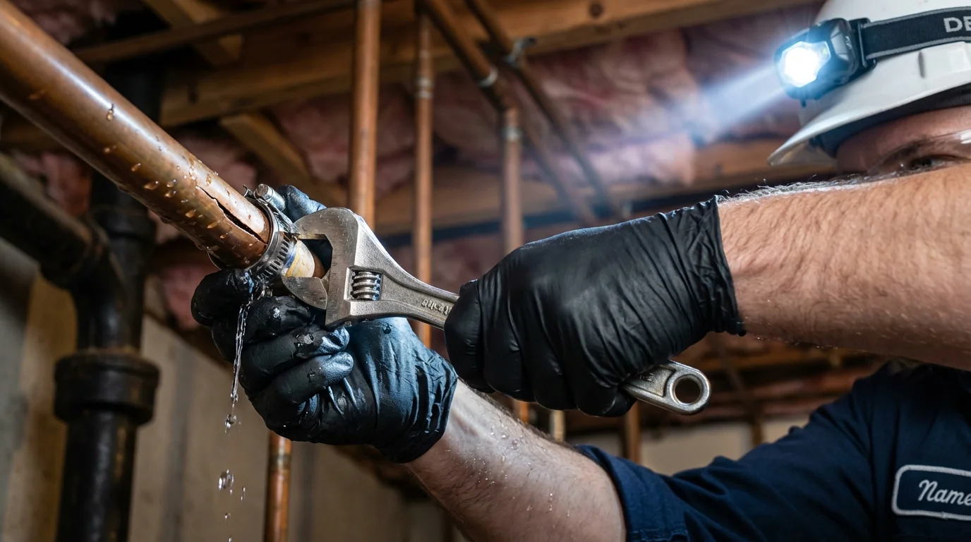 Emergency pipe clamp repair being performed by a Johns Plumbing LLC plumber in Santo Domingo Pueblo