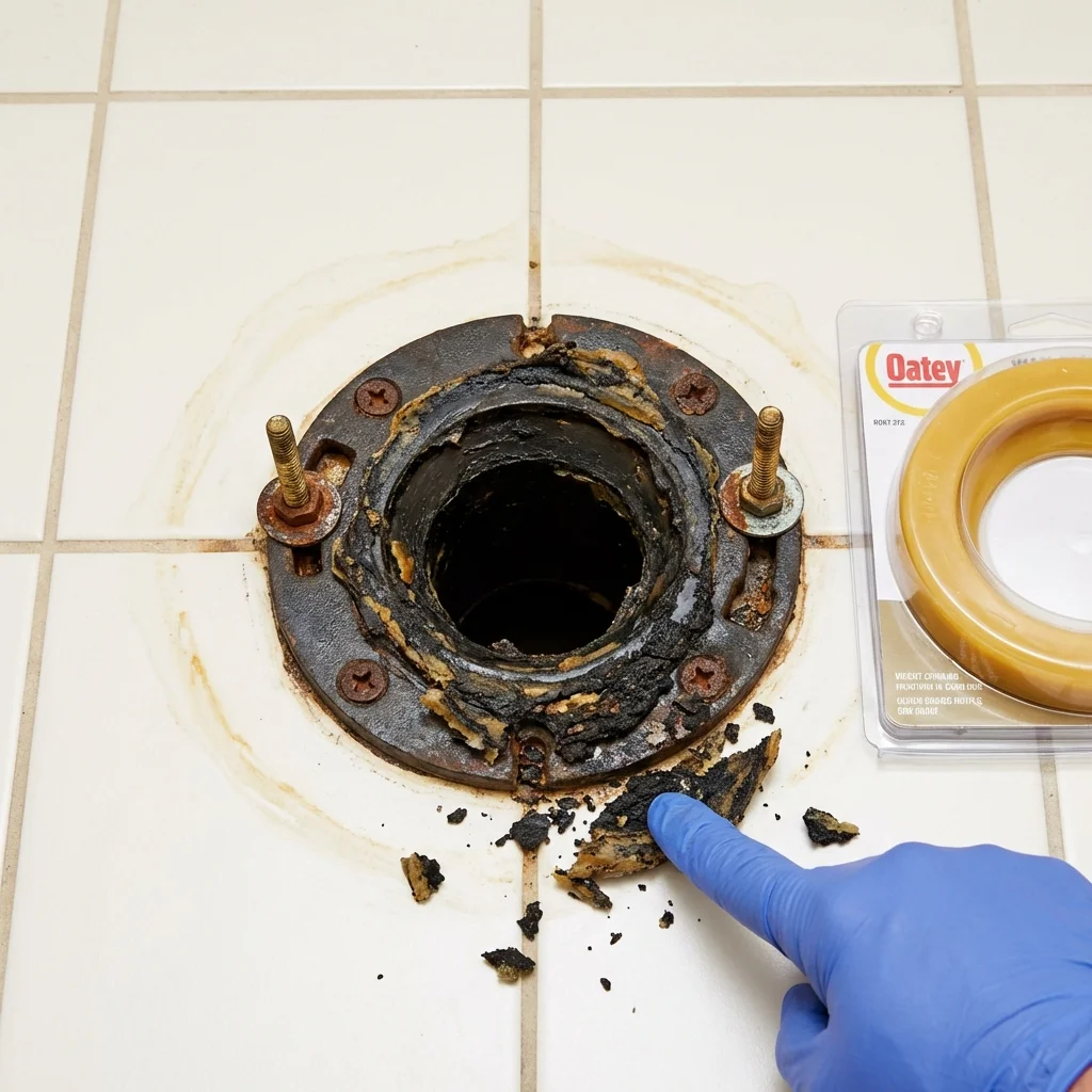 Failed wax ring showing water seepage at the base of a toilet in a Santo Domingo Pueblo, NM home