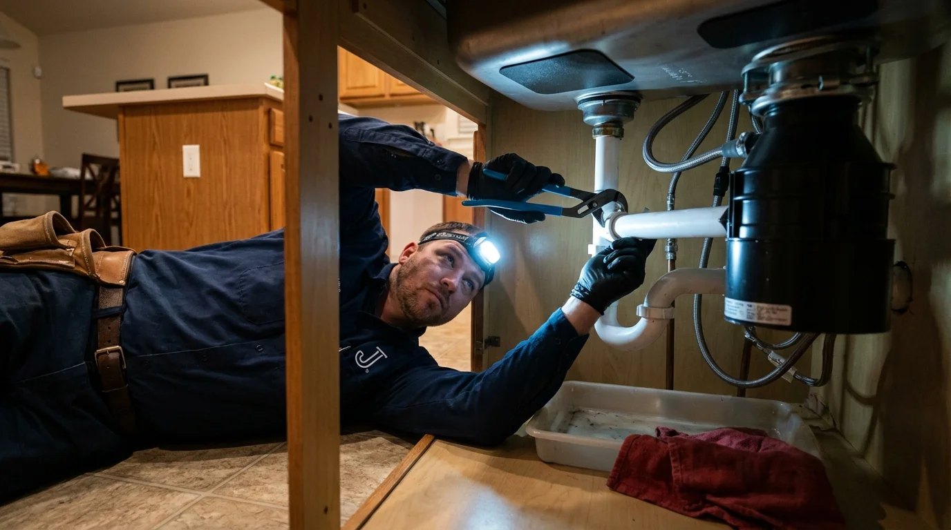 P-trap and supply line connections under a kitchen sink showing a common leak point in Santo Domingo Pueblo, NM